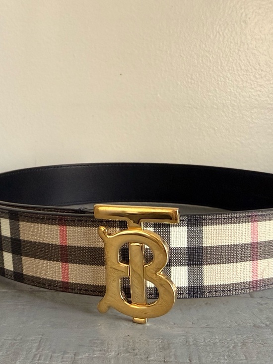 Burberry Accessories - Burberry Black Leather & Beige Vintage Check Belt with Gold TB Buckle